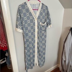 Blue and White Patterned Button-Up Dress